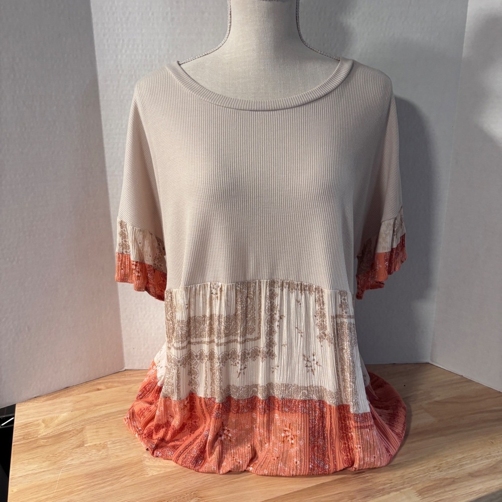 Cotton Bleu Taupe Waffle Knit Top New Large tiered Boho Peasant Tunic Blouse